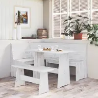Merkloos Mesa de comedor blanca con banco de madera maciza de pino