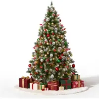 VA-Cerulean Árbol de Navidad artificial de 225 cm con iluminación LED integrada, efecto de nieve, piñas, bayas rojas y base de madera maciza