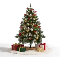 VA-Cerulean Árbol de Navidad artificial de 150 cm con iluminación LED integrada, efecto de nieve, piñas, bayas rojas y base de madera maciza