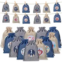 Merkloos Calendario de adviento para llenar - Yute - 24 bolsitas - 13 x 18 cm - Azul, gris y caqui