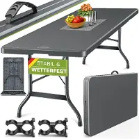 Tillvex Mesa de jardín plegable antracita, 180 x 75 cm | Mesa buffet de plástico con asa | Mesa plegable para jardín, terraza y balcón | Mesa de camping para 6 personas