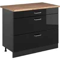 Vicco Mueble bajo de cocina R-Line Negro brillo intenso/Antracita 100 cm encimera Roble dorado, Model 71588