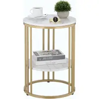 OCreon Mesa auxiliar con aspecto de mármol - Espacio de almacenamiento - Salón - Metal - MDF - Mesa de centro redonda - Altura x Diámetro: 56 x 40 cm - Blanco y dorado