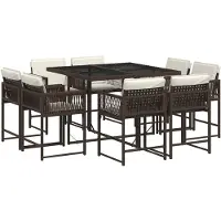 Selius Conjunto de jardín de 9 piezas, color marrón, fabricado en ratán sintético plegable, incluye cojines y mesa de cristal