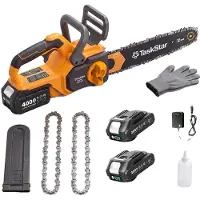 OEM Sierra de cadena, con barra de 30 cm, motor sin escobillas, incluye 2 baterías de 2.0Ah, con enchufe de 100V-240V para la Unión Europea