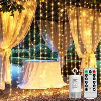 OEM Luces decorativas para cortinas, luz blanca cálida, 600 LEDs, con temporizador, impermeables