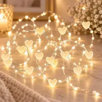 OEM Guirnalda de luces con cuentas en forma de corazón, 5 metros, 50 LEDs de luz cálida, funciona con pilas