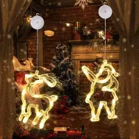 OEM Luces de Navidad para ventanas, con motivos de Papá Noel y un ciervo, color blanco cálido, paquete de 2 unidades