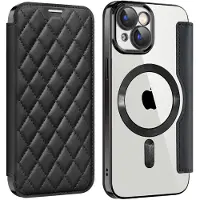 Lux-Case Carcasa de teléfono de piel rosa con bloqueo RFID y película de lente para iPhone 15 - Negro