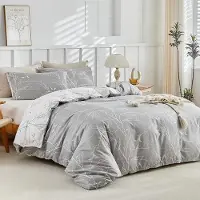 Merkloos Juego de funda de edredón de 240x220 cm con 2 fundas de almohada de 50x80 cm, con estampado de hojas en gris y blanco