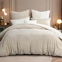 Merkloos Juego de ropa de cama de invierno que incluye un edredón de 220 x 240 cm y dos fundas de almohada, fabricado en tejido polar, en color beige/blanco