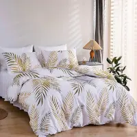 Merkloos Juego de funda de edredón de 200x200 cm con 2 fundas de almohada de 65x65 cm, con un motivo de hojas tropicales en dorado y blanco