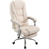 CLP Silla de oficina Pacific con revestimiento de cuero sintético. Silla de escritorio con ruedas. Sillón reclinable con reposapiés extensible. Color: crema