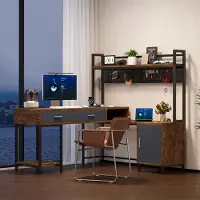 Merkloos Escritorio en forma de L - Diseño industrial - 140 x 140 x 135 cm - Color negro y color madera