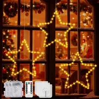 Dripio Conjunto de 3 estrellas LED, con 45 LEDs, funcionamiento con batería, temporizador, protección IP44, luz blanca cálida