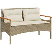 vidaXL Banco de jardín con cojín, 116x62,5x74 cm, color beige, fabricado en polirratán