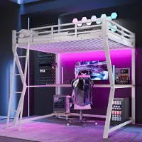 ALFORIGO Cama alta de 140x200 cm con iluminación LED, escritorio, espacio para ordenador, toma de corriente y puertos USB, barandilla y escalera, fabricada en metal y MDF, color blanco