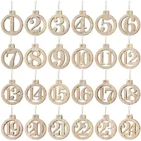 Merkloos Calendario de adviento cifras - Colgantes redondos de madera 4 x 3,5 cm - Cordón de yute 33,5 cm - Cifras del 1 al 24 - Para manualidades y decoración navideña