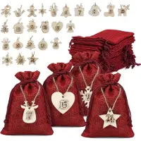Merkloos Set de 24 bolsas de yute con etiquetas de madera para calendario de adviento