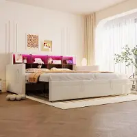 ALFORIGO Sofá cama de 90 x 190 cm con cama extraíble, iluminación LED, enchufe, puertos USB y tipo-C, cabecero con espacio de almacenamiento, estructura de cama tapizada en terciopelo con somier, color beige