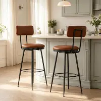 INONEFT Juego de 2 taburetes con respaldo, diseño industrial, sillas de cocina con reposapiés, tapicería de PU, estilo modernista de mediados de siglo, color marrón