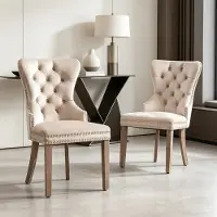 INONEFT , 2 sillas de comedor, silla de cocina, silla tapizada con respaldo alto y detalles de clavos, asiento tapizado en terciopelo, patas de madera maciza, color beige