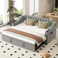 Ropilly Colchón tapizado para sofá cama, 90x190 cm. Sofá cama extensible, 180x190 cm, con puerto USB, compartimentos de almacenamiento en los reposabrazos, bolsillos laterales y somier, color gris