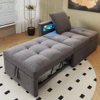 Ropilly Sofá cama 3 en 1 de 177x68x65 cm, sofá de lino con respaldo ajustable en 5 posiciones, con luces LED y puertos USB/Tipo-C, sofá cama compacto