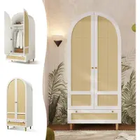 Ropilly Armario de 80x50x180 cm fabricado en MDF, color blanco, con frente arqueada y aspecto de ratán, incluye barra para colgar y cajón, ideal para dormitorios y pasillos
