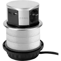 ORNO Enchufe empotrable para mesa, diámetro 10 cm, 3A, 3 tomas Schuko, 2 puertos USB (tipo A y tipo C), color plateado, encajable