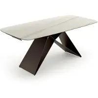 STONES Thanos X: Mesa auxiliar con tablero de cerámica tipo mármol Calacatta Gold, estructura metálica en color bronce, dimensiones de 200–280 x 100 cm, diseño moderno