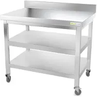 GOLDINOX Mesa de trabajo de acero inoxidable de 1200 x 700 mm, con soporte y 2 estantes con ruedas, modelo PREMIUM -