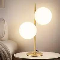 ZMH Lámpara de mesita dorada 2 luces Lámpara de mesa metal con interruptor esfera cristal blanco casquillo E27 para salón dormitorio habitación niños