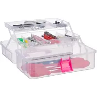 Relaxdays , caja de almacenamiento con 9 compartimentos, caja organizadora para materiales de manualidades, artículos de arte, dimensiones: 14 x 33 x 19,5 cm, color: transparente-rosa