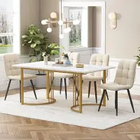 ALFORIGO Conjunto de comedor de 140 x 80 cm con tablero de MDF y patas ajustables. Incluye una mesa y 4 sillas de terciopelo con patas de metal doradas. El conjunto es de color blanco/beige