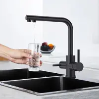 OEM Grifo de cocina de 3 vías, color negro, giratorio 360°, con dos mandos