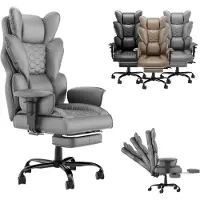 TANYEAR Silla de escritorio ergonómica , tapizada en cuero sintético, con acolchado de plumas y reposabrazos ajustables, color gris