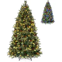 Costway : Árbol de Navidad artificial de 180 cm con 631 ramas de PE/PVC, árbol de pino con 280 luces LED, 9 modos de iluminación, 35 piñas y bayas rojas. Árbol de Navidad