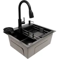 Merkloos Fregadero de cocina negro con grifo extraíble y zona de escurrimiento