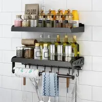 LTPRTZ Estante para especias - Organizador de cocina - Almacenamiento para la cocina - Con ganchos - 40 cm - Negro