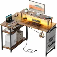 LTPRTZ Escritorio de esquina con estantería de almacenamiento - Ideal para trabajar desde casa y jugar - Con iluminación LED - 110 x 80 cm - Color marrón vintage