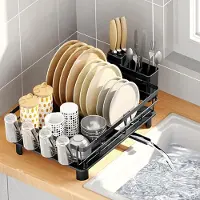 LTPRTZ Escurreplatos con bandeja recogegotas - Estante para secar platos - Estante de cocina - Soluciones de almacenamiento versátiles - 43 x 33 x 15 cm - Negro