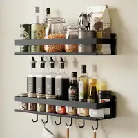 LTPRTZ Juego de estanterías para especias - Ganchos para estanterías de cocina - Organización de la cocina - Montaje sin taladrar - 40 cm - Negro