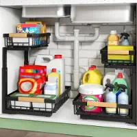 LTPRTZ Estante de 2 niveles - Organizador de cocina - Para colocar debajo del fregadero - Diseño extensible - Altura ajustable - Color negro