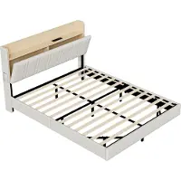 Moonbite Cama flotante de 140x200 cm, color blanco, con iluminación LED de 6000 colores, patas ocultas, puertos USB y USB-C, y cabecero con espacio de almacenamiento