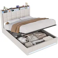 Moonbite Cama con espacio de almacenamiento, 160x200 cm, tapizada en lino color beige, con iluminación LED, cajón con sistema hidráulico, puertos USB y tipo-C. Cama doble con iluminación