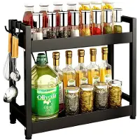 LTPRTZ Estante para especias - Organizador de cocina - Para ordenar la cocina - Diseño de 2 niveles - Con 4 ganchos - Color negro