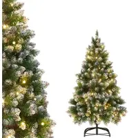 LILIIN Árbol de Navidad artificial , 180 cm, con iluminación, nieve artificial y piñas, fácil de montar, incluye soporte para el árbol