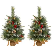 LILIIN , 2 unidades de mini árbol de Navidad artificial, 60 cm, con agujas de polietileno (PE) y pino, con luces LED, compartimento para pilas y base estable, ideal para decoración de mesas