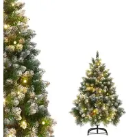 LILIIN Árbol de Navidad artificial , 150 cm, con iluminación, nieve artificial y piñas, fácil de montar, incluye soporte para el árbol